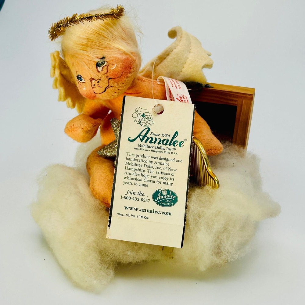 Annalee Angel Doll On Cloud Ornament Gold Harp Halo 5" Vintage Christmas Tag